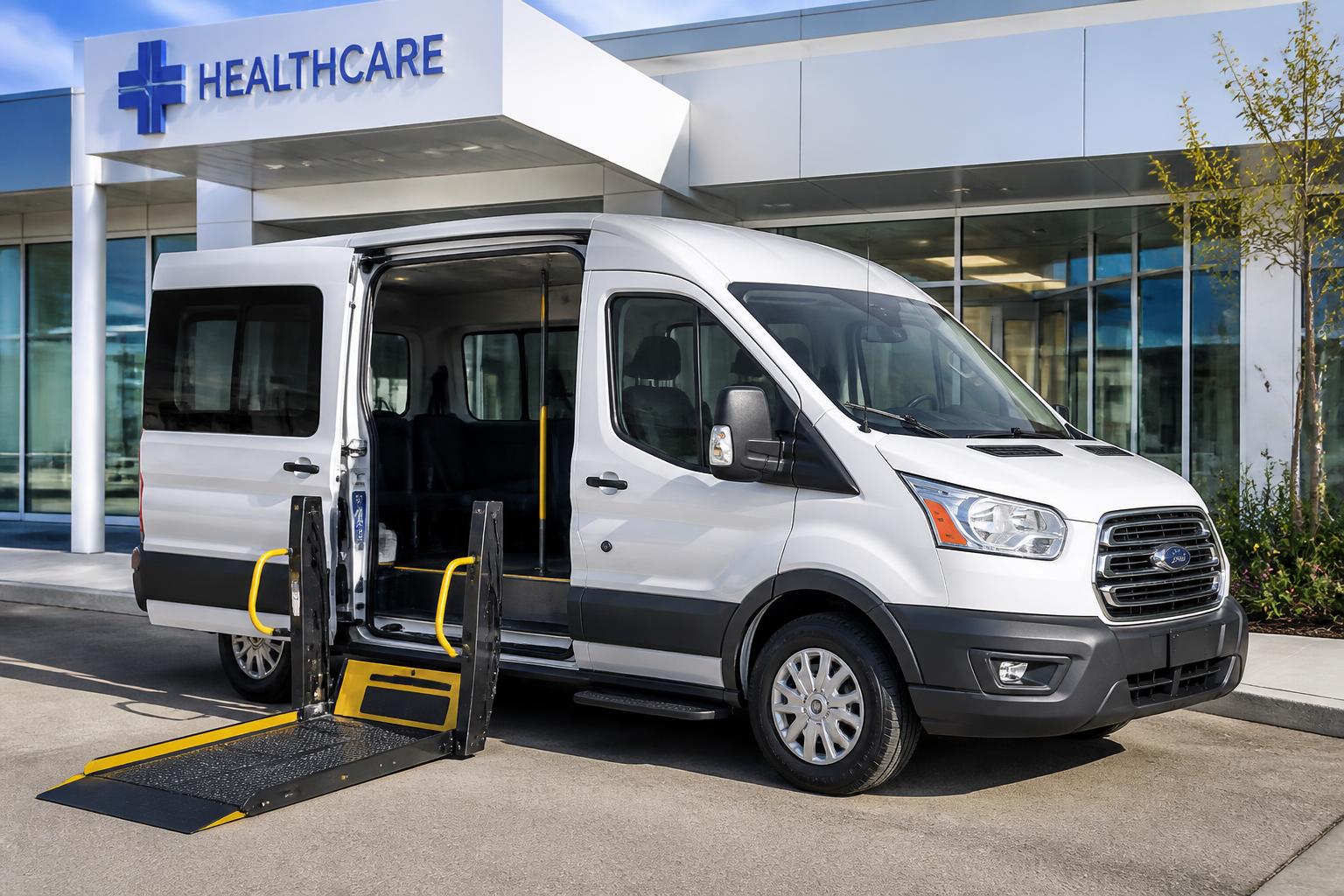 Wheelchair-accessible Kulmis Transportation van with its lift ramp deployed outside a St. Cloud medical clinic